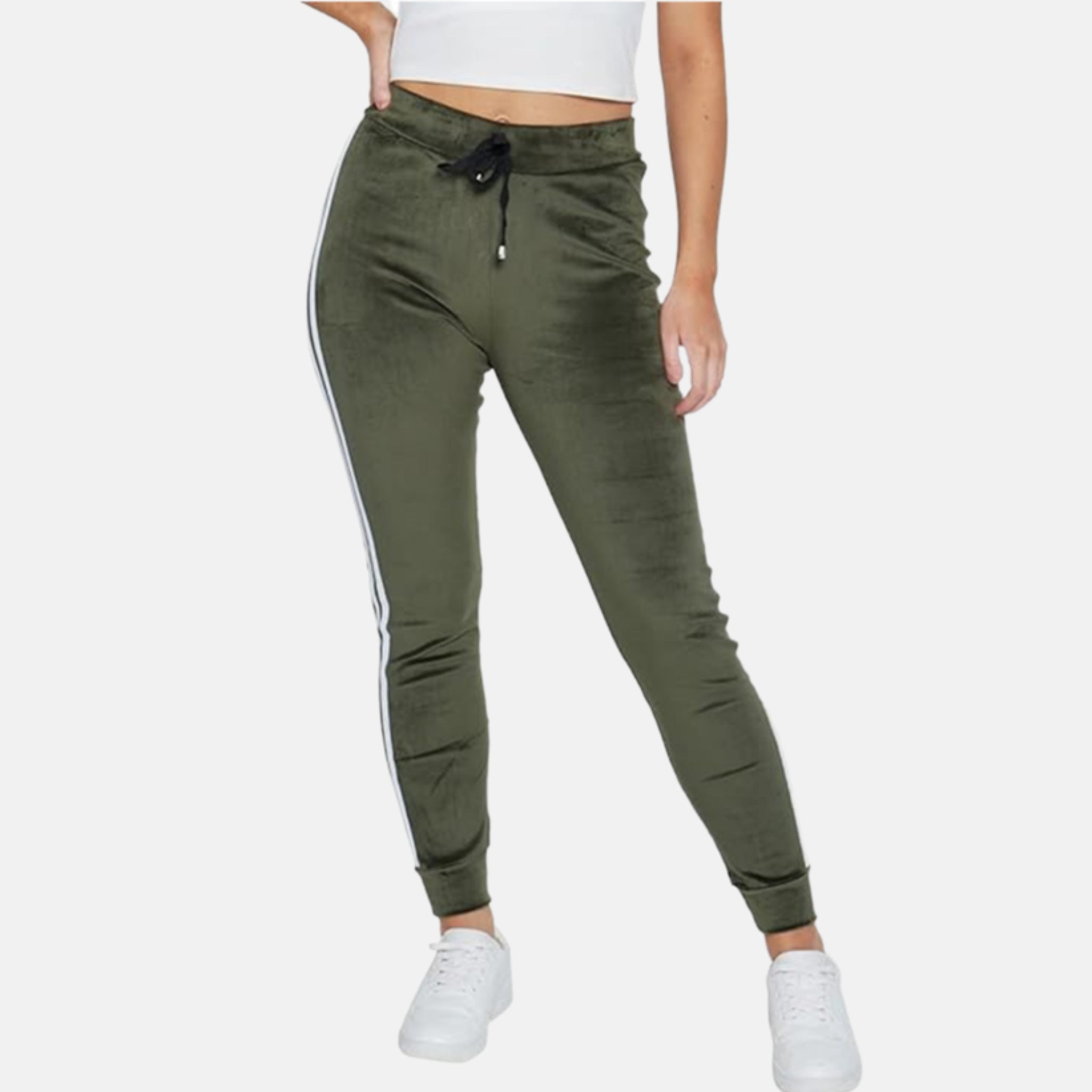 Ladies velour bottoms soft lounge joggers with side stripes in khaki green